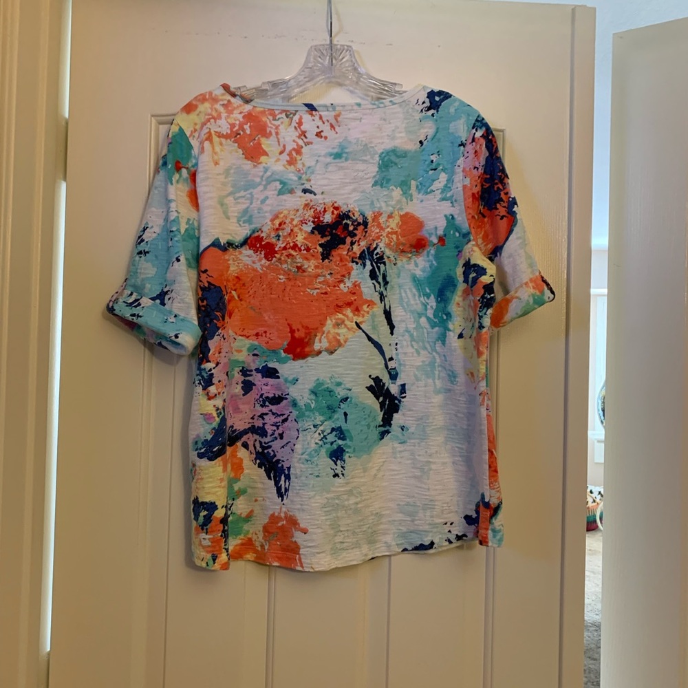 Chico’s Colorful Abstract Roll Tab Women's Top size 2(L-12). - Picture 3 of 10